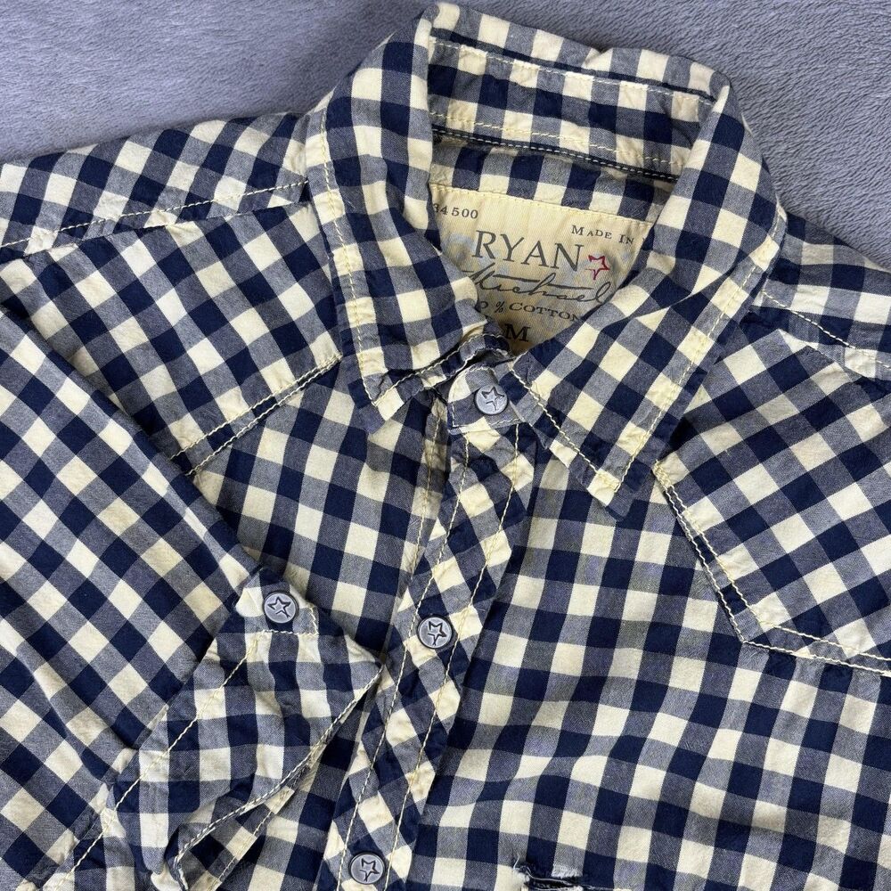 Ryan Michael Shirt‎ Mens Medium Blue Check Western Metal Snap Short Sleeve